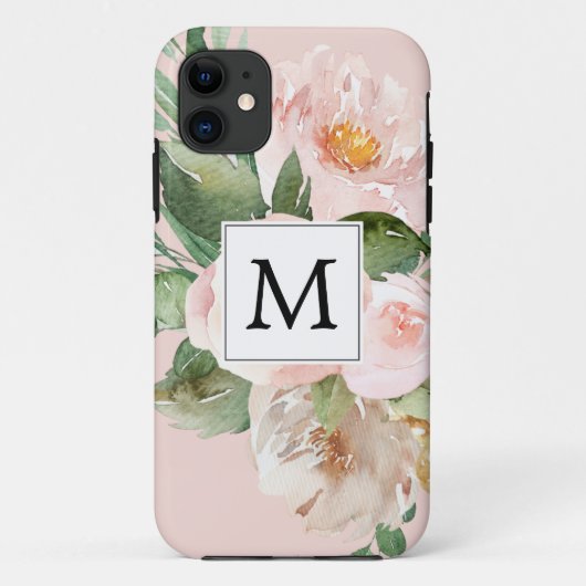 Moderne Waterverf roze bloemen monogrammen Case-Mate iPhone Case (Achterkant)