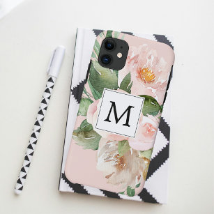 Moderne Waterverf roze bloemen monogrammen Case-Mate iPhone Case