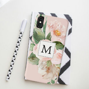 Moderne Waterverf roze bloemen monogrammen Case-Mate iPhone Case