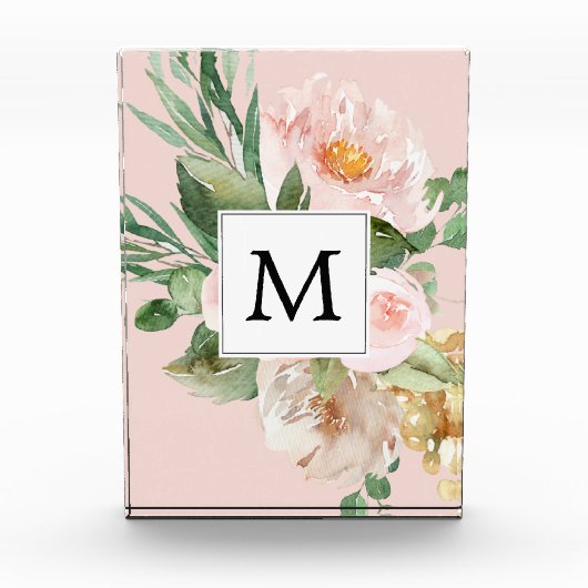 Moderne Waterverf roze bloemen monogrammen Fotoblokken (Voorkant)