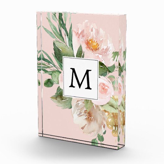 Moderne Waterverf roze bloemen monogrammen Fotoblokken (Rechts)