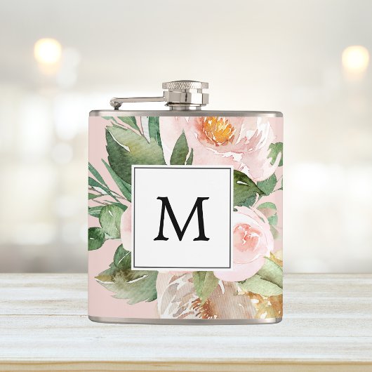 Moderne Waterverf roze bloemen monogrammen Heupfles