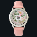 Moderne Waterverf roze bloemen monogrammen Horloge<br><div class="desc">Moderne Waterverf roze bloemen monogrammen</div>