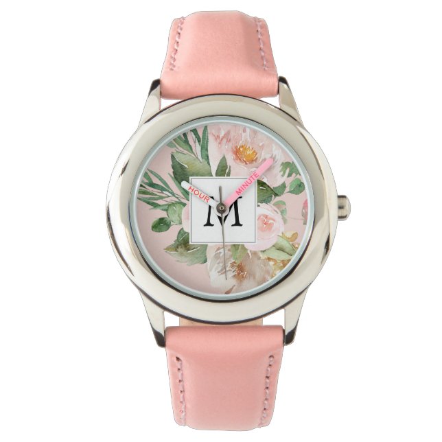 Moderne Waterverf roze bloemen monogrammen Horloge (Voorkant)