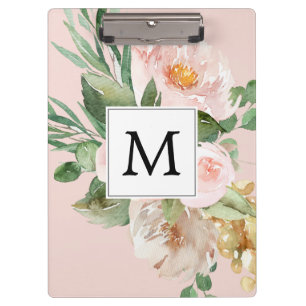 Moderne Waterverf roze bloemen monogrammen Klembord