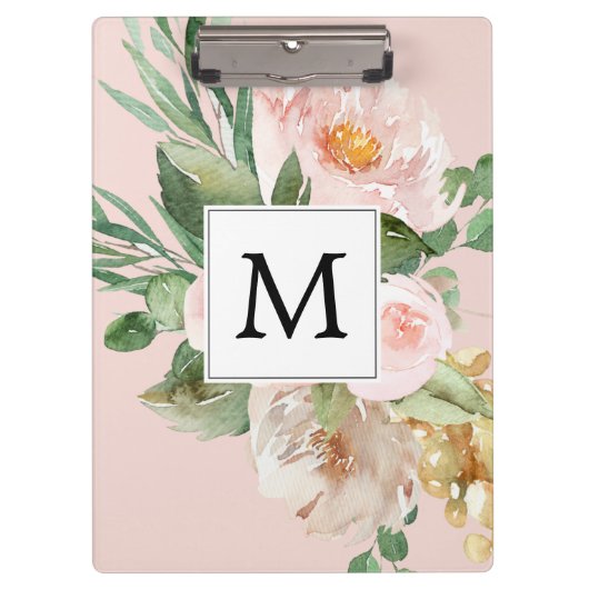 Moderne Waterverf roze bloemen monogrammen Klembord (Voorkant)