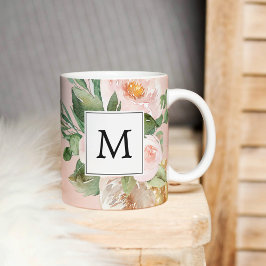 Moderne Waterverf roze bloemen monogrammen Koffiemok