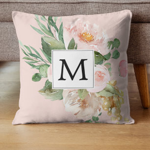 Moderne Waterverf roze bloemen monogrammen Kussen