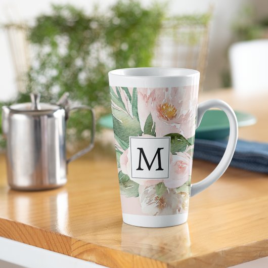 Moderne Waterverf roze bloemen monogrammen Latte Mok