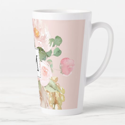 Moderne Waterverf roze bloemen monogrammen Latte Mok (Rechts)