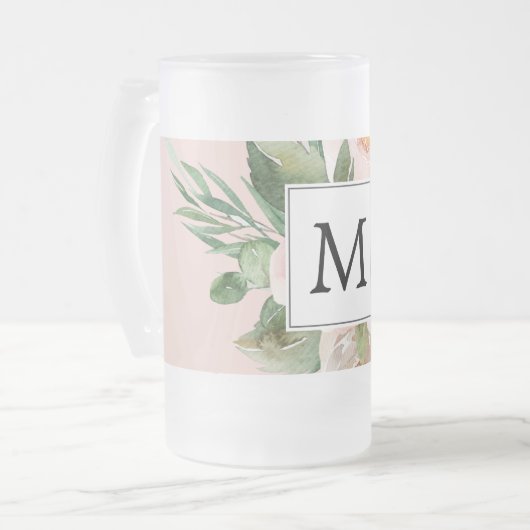 Moderne Waterverf roze bloemen monogrammen Matglas Bierpul (Voorkant links)