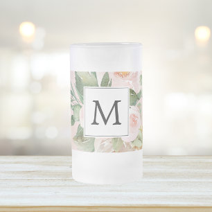 Moderne Waterverf roze bloemen monogrammen Matglas Bierpul