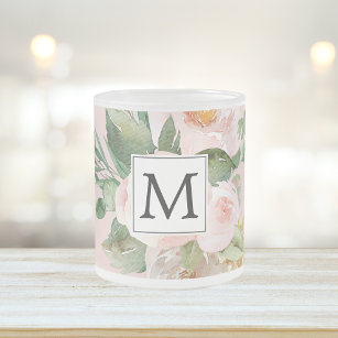 Moderne Waterverf roze bloemen monogrammen Matglas Koffiemok