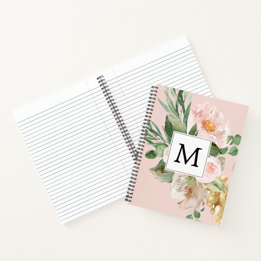 Moderne Waterverf roze bloemen monogrammen Notitieboek (Binnen)