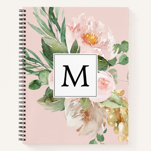 Moderne Waterverf roze bloemen monogrammen Notitieboek (Voorkant)