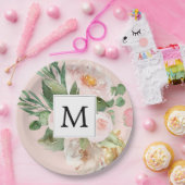 Moderne Waterverf roze bloemen monogrammen Papieren Bordje (Feest)