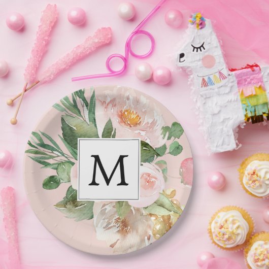 Moderne Waterverf roze bloemen monogrammen Papieren Bordje (Feest)