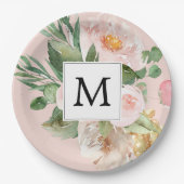 Moderne Waterverf roze bloemen monogrammen Papieren Bordje (Voorkant)