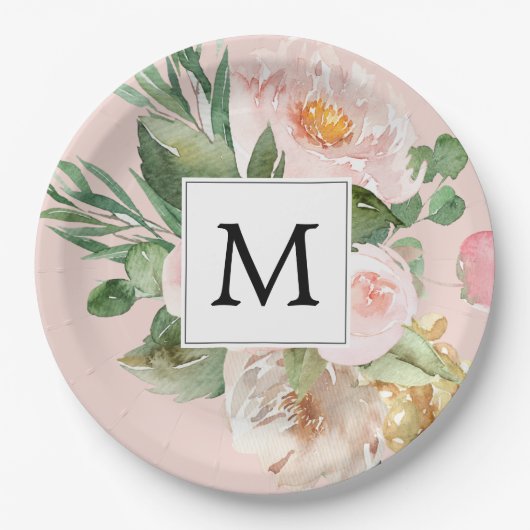 Moderne Waterverf roze bloemen monogrammen Papieren Bordje (Voorkant)