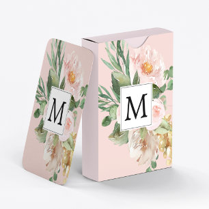 Moderne Waterverf roze bloemen monogrammen Pokerkaarten
