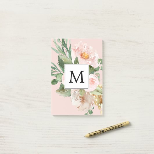 Moderne Waterverf roze bloemen monogrammen Post-it® Notes (Op bureau)