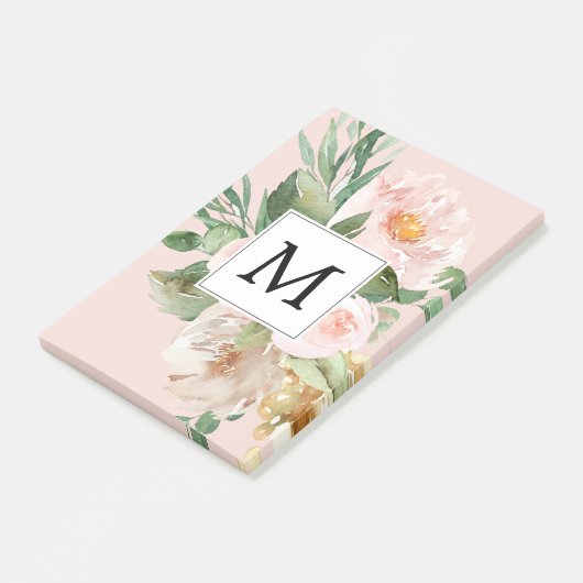 Moderne Waterverf roze bloemen monogrammen Post-it® Notes (Schuin)