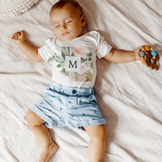 Moderne Waterverf roze bloemen monogrammen Romper