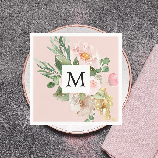 Moderne Waterverf roze bloemen monogrammen Servet