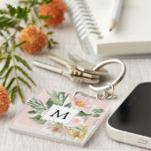 Moderne Waterverf roze bloemen monogrammen Sleutelhanger (Voorkant Rechts)
