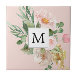Moderne Waterverf roze bloemen monogrammen Tegeltje