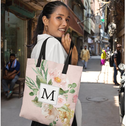 Moderne Waterverf roze bloemen monogrammen Tote Bag