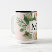 Moderne Waterverf roze bloemen monogrammen Tweekleurige Koffiemok (Voorkant links)