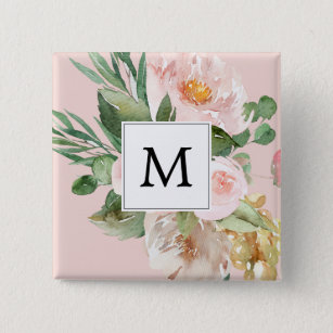 Moderne Waterverf roze bloemen monogrammen Vierkante Button 5,1 Cm