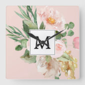Moderne Waterverf roze bloemen monogrammen Vierkante Klok (Voorkant)