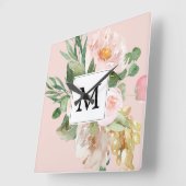 Moderne Waterverf roze bloemen monogrammen Vierkante Klok (Hoek)