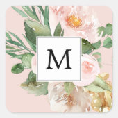 Moderne Waterverf roze bloemen monogrammen Vierkante Sticker (Voorkant)