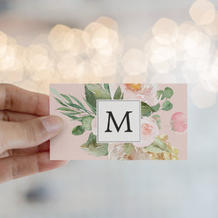 Moderne Waterverf roze bloemen monogrammen Visitekaartje