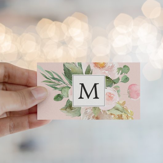 Moderne Waterverf roze bloemen monogrammen Visitekaartje