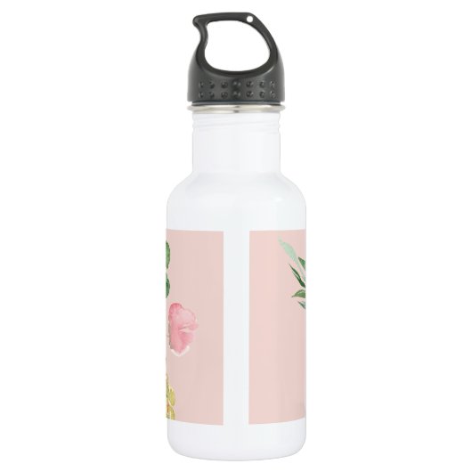 Moderne Waterverf roze bloemen monogrammen Waterfles (Achterkant)