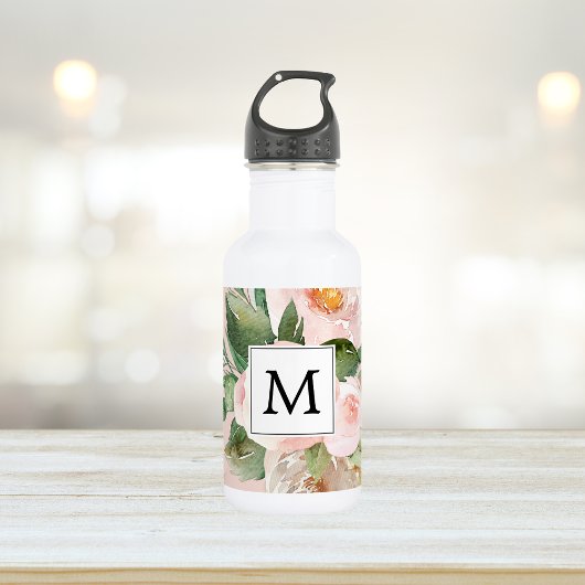 Moderne Waterverf roze bloemen monogrammen Waterfles