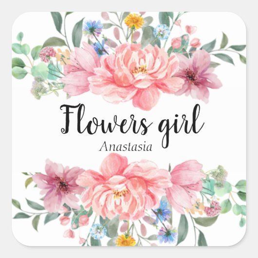 Moderne Waterverf roze bloemen Vierkante Sticker (Voorkant)
