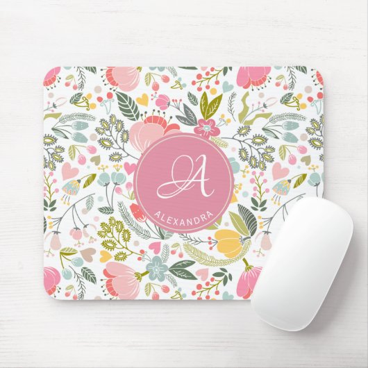 Moderne waterverf roze bloemetjes monogram naam muismat (Met muis)