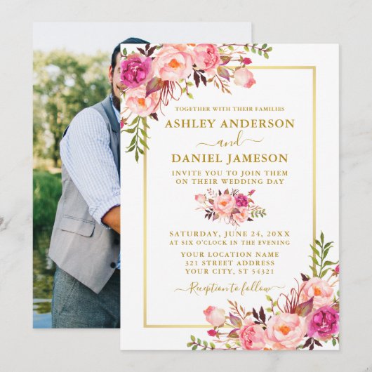 Moderne Waterverf Roze bloesse foto bruiloft Kaart (Voorkant / Achterkant)