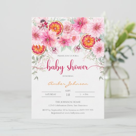 Moderne Waterverf Roze & Citrus Baby shower Kaart (Staand voorkant)