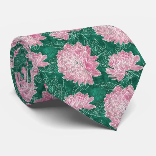 Moderne Waterverf Roze Dahlia Floral Stropdas (Opgerold)