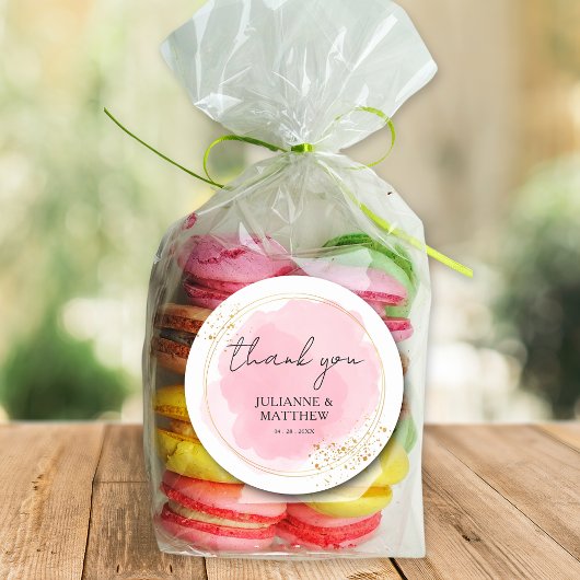 Moderne Waterverf Roze dank u bruiloft Ronde Sticker