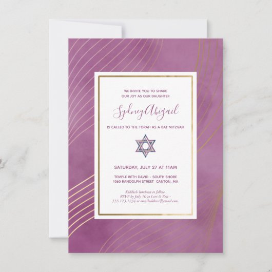 Moderne Waterverf Roze en Gouden Vleermuis Mitzvah Kaart (Voorkant)