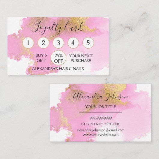 Moderne Waterverf roze en goudfolie Loyalty Punch (Voorkant / Achterkant)