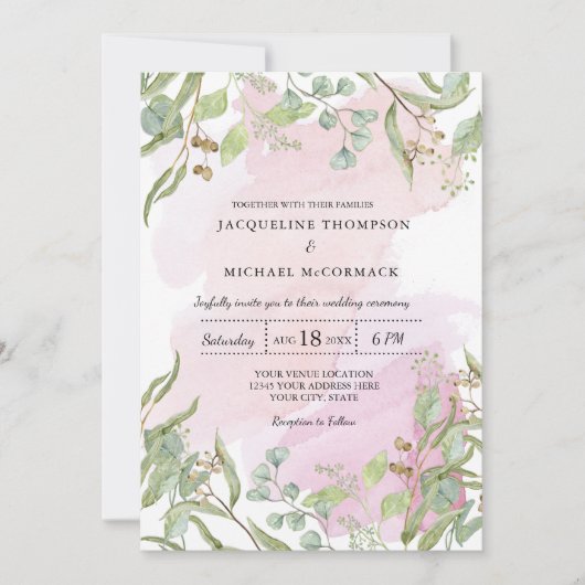 Moderne Waterverf Roze Eucalyptus Greenery Wedding Kaart (Voorkant)