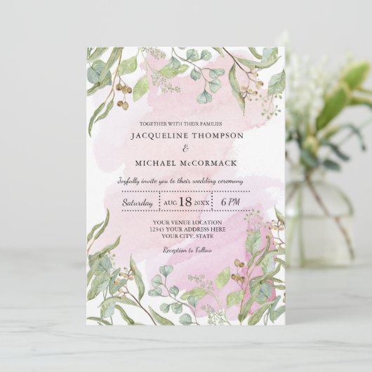 Moderne Waterverf Roze Eucalyptus Greenery Wedding Kaart (Staand voorkant)